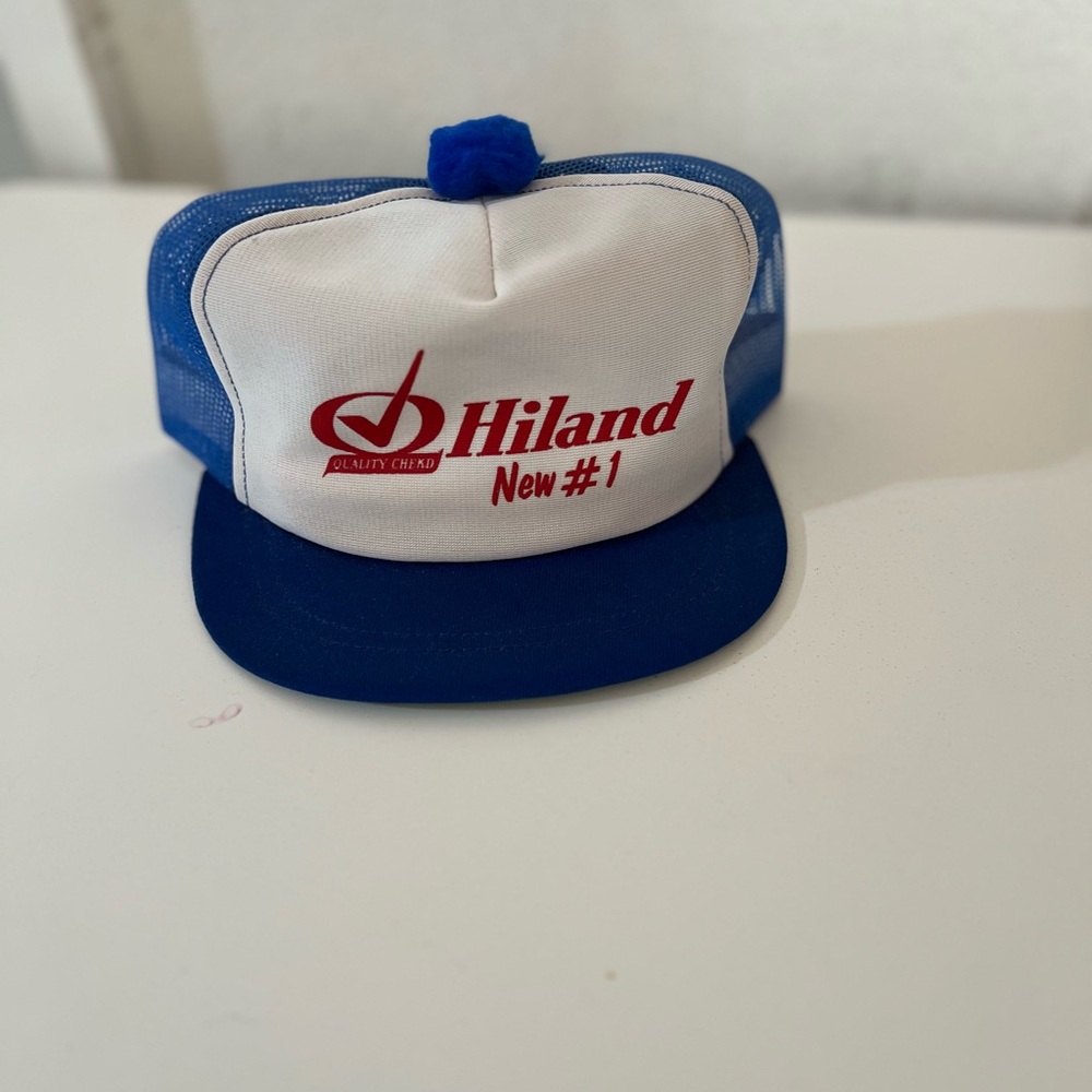Blue and White Vintage Hiland Short Bill Trucker Hat